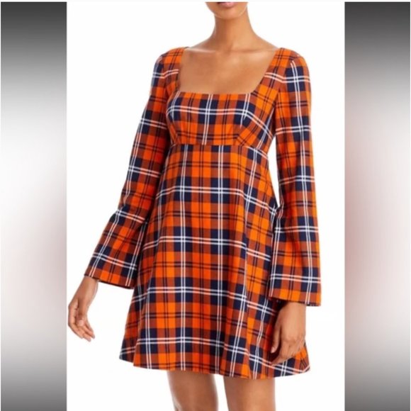 NWT Staud | Orange Beth Plaid Long Bell Sleeve Square Neck Cotton Mini Dress, 16 - Picture 1 of 10